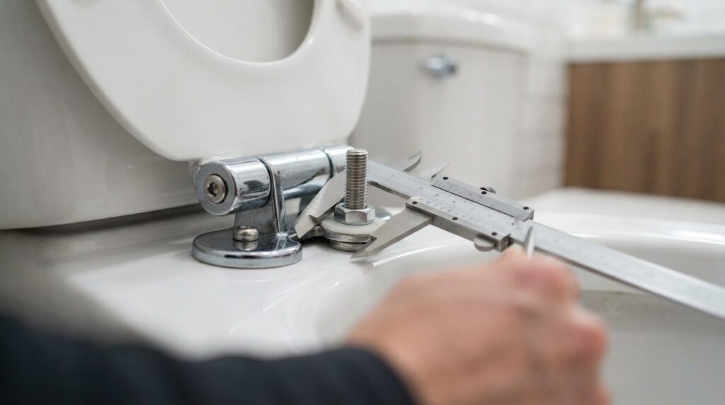Close-up detailed view of toilet seat mounting bolts and hin