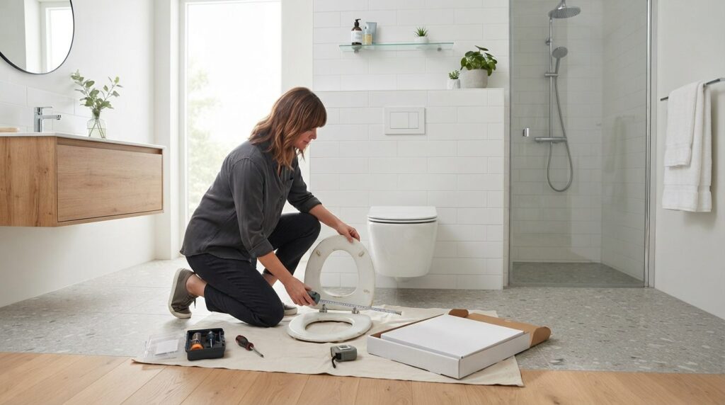 Wide angle bathroom interior showing homeowner with measurem