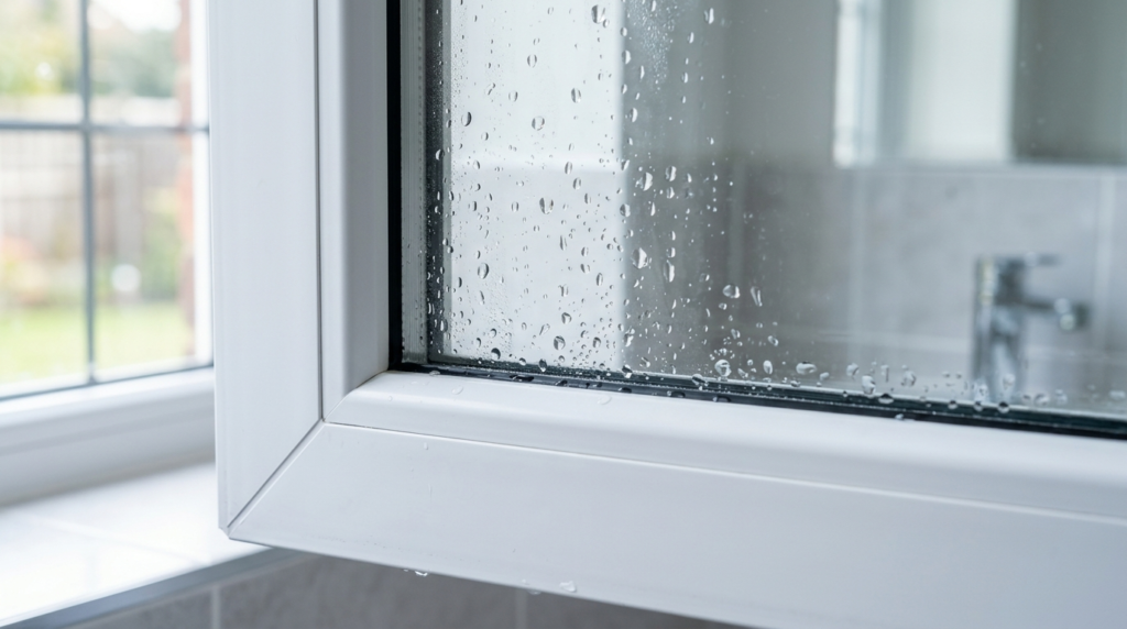 Close-up detail shot of a high-quality bathroom window frame