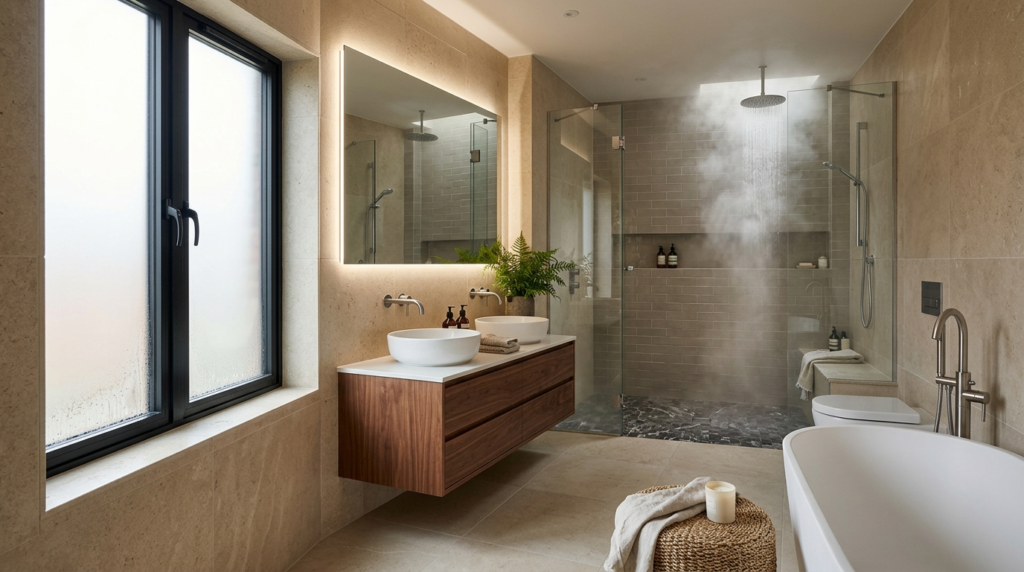 Luxury modern bathroom with steam rising from a rainfall sho