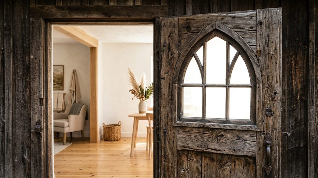 Close-up detail shot of a wooden shed door with peaked arch