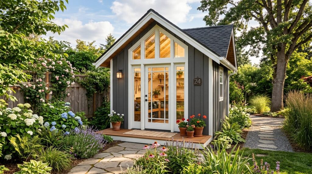 Exterior view of a residential shed featuring a gabled peake