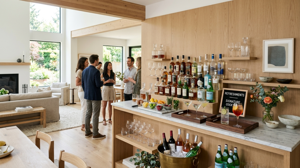 Wide shot of a modern home entertaining space with a beverag