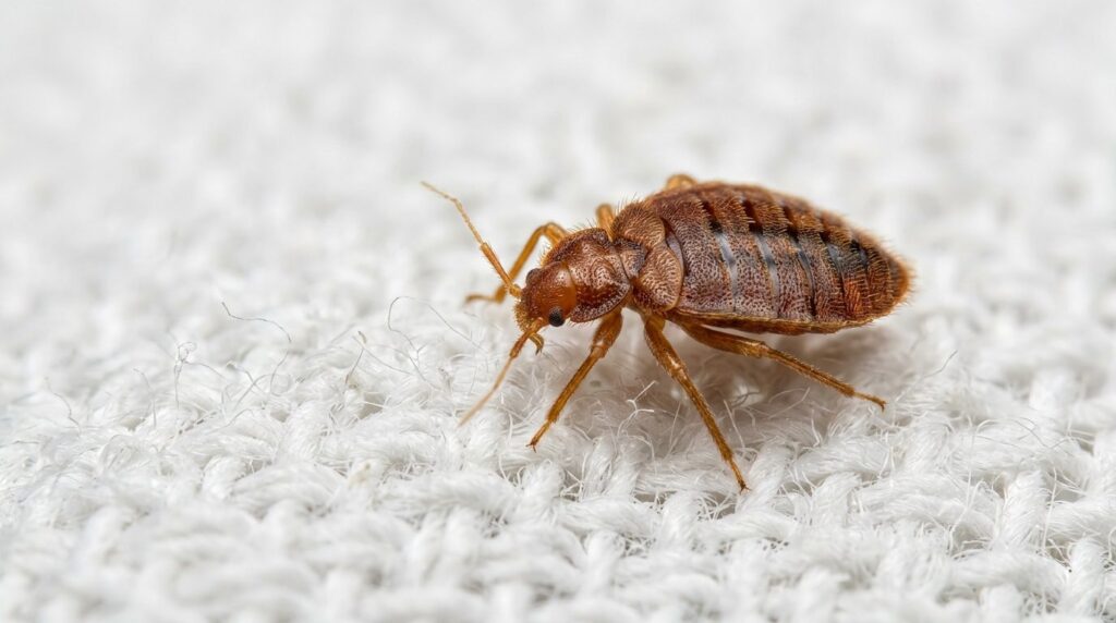 Close-up macro photograph of a bed bug on white cotton fabri