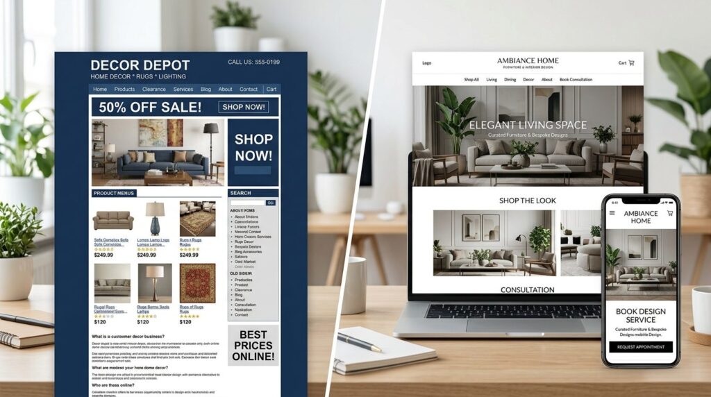 Split-screen concept showing a cluttered, outdated website i