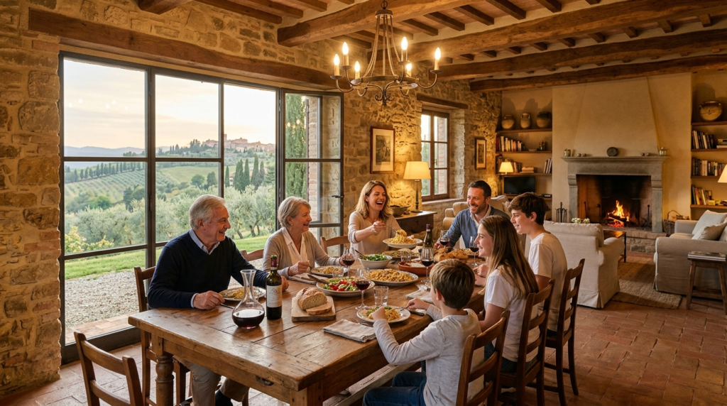 Interior of a high-end Tuscan holiday home showing a modern 