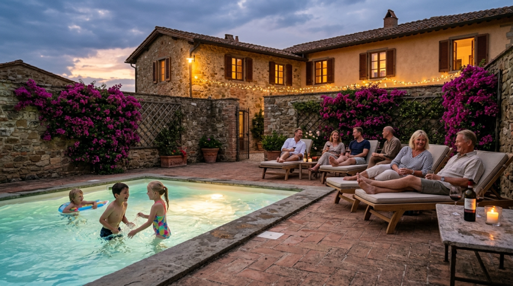 Extended Danish family enjoying a private poolside evening i