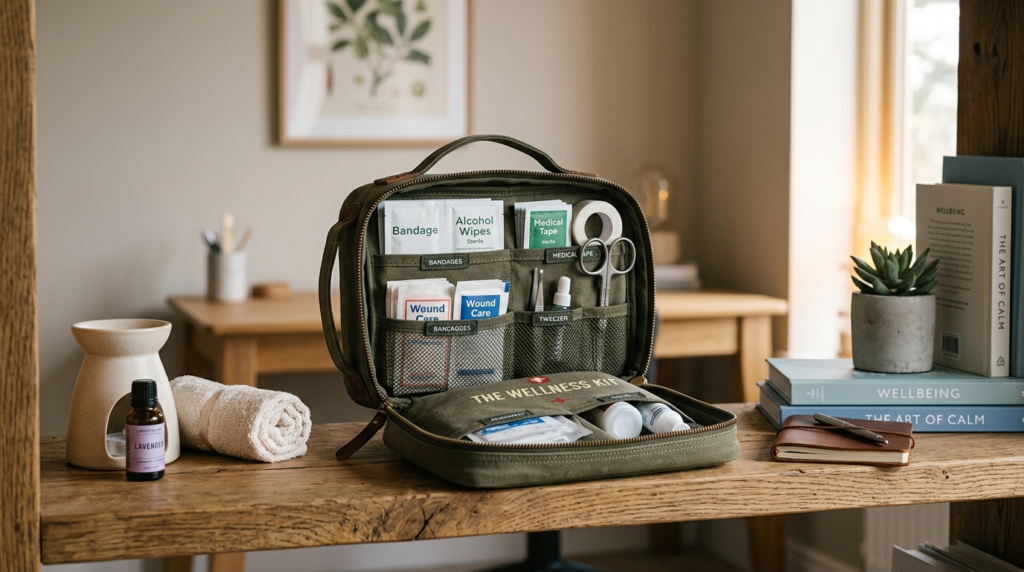 Close-up detail shot of a premium first aid kit box on a woo