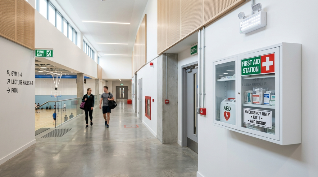 Bright institutional hallway in a sports facility or educati