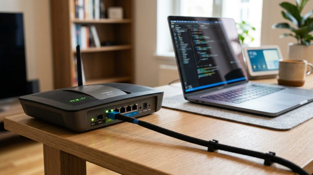 Close-up photorealistic shot of fiber optic cable connecting