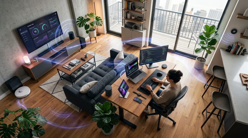 Photorealistic birds eye view of a contemporary home office