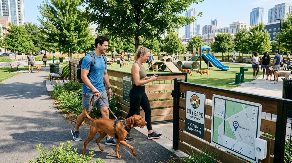 An active young couple with their medium-sized dog entering