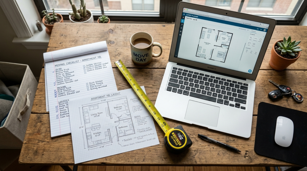 Detailed overhead shot of a moving checklist, floor plan ske