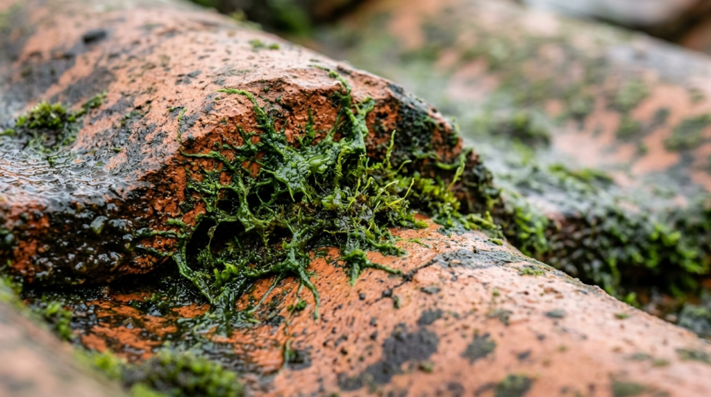 Close-up detailed macro photograph of green algae buildup on