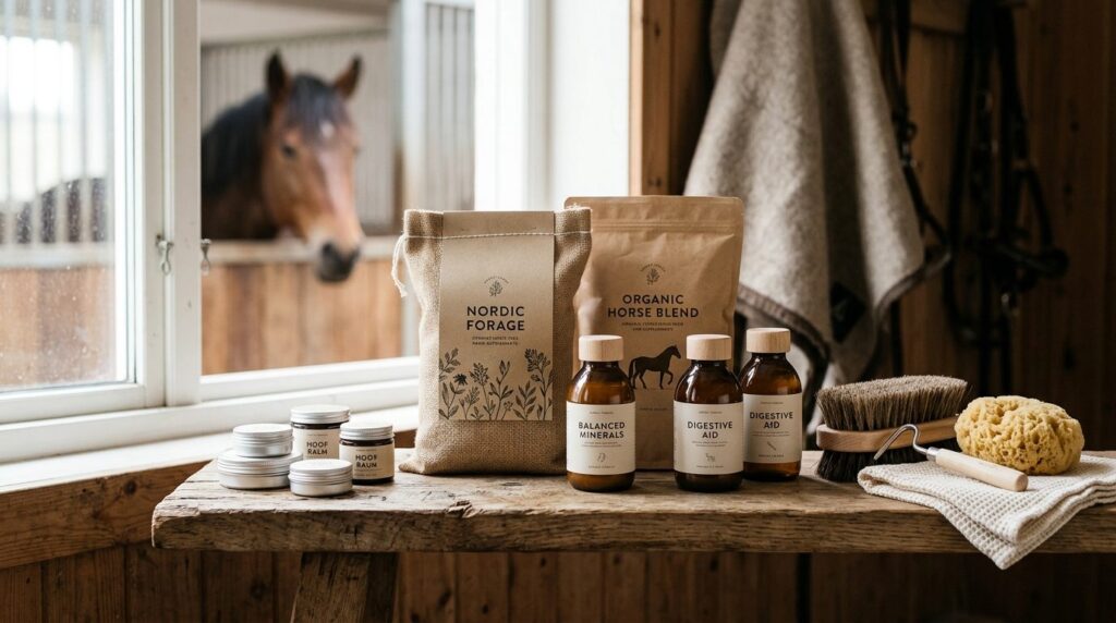 Close-up photorealistic image of premium Nordic horse care p