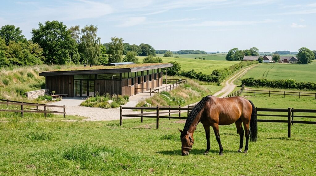 Photorealistic Danish rural homestead scene showing a modern