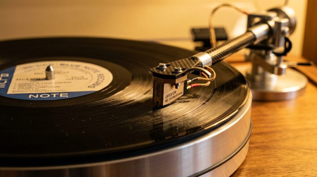 Close-up detail shot of a luxury turntable needle on vinyl r
