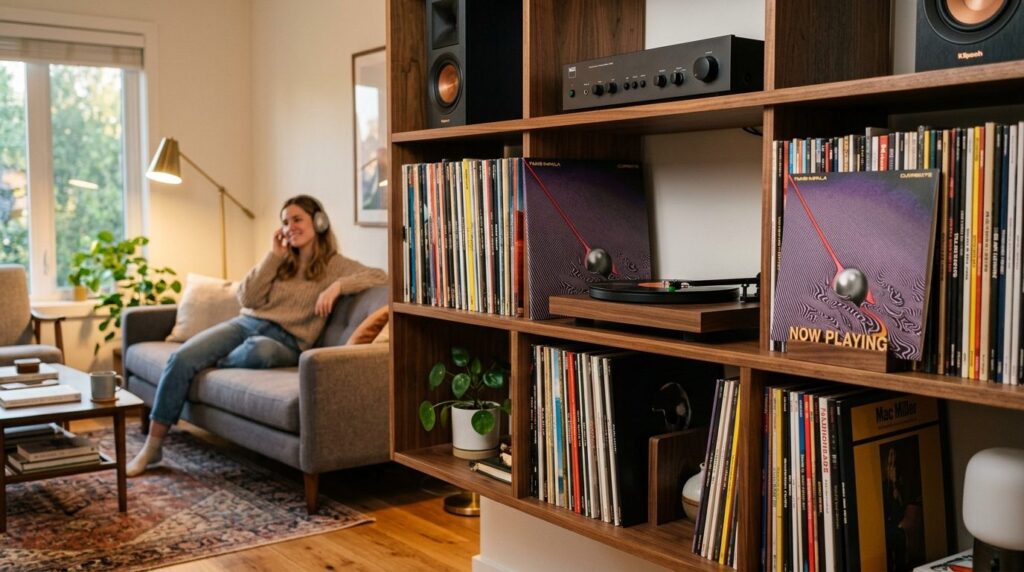 Curated vinyl record collection displayed on mid-century mod