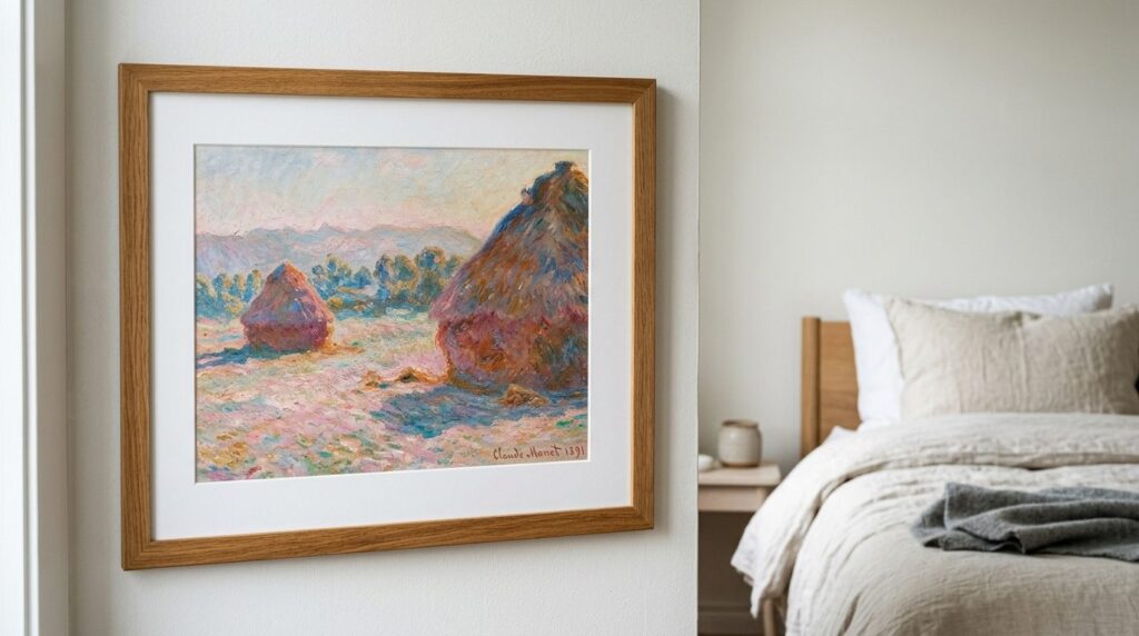 Close-up detail of a Claude Monet Haystacks print in warm wo