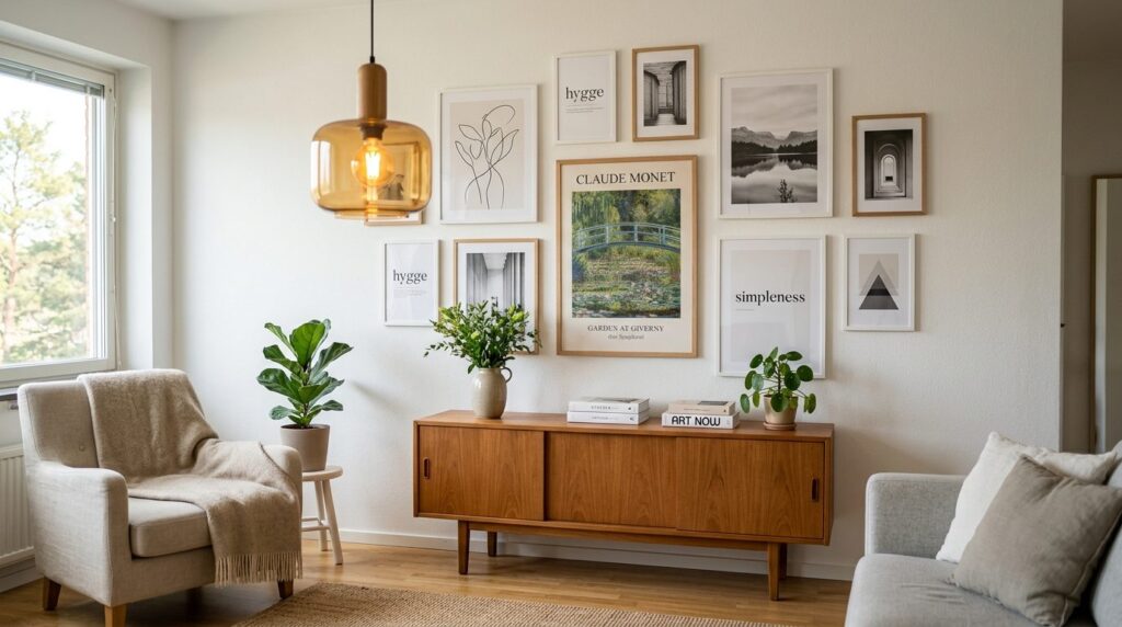 Nordic gallery wall arrangement in bright Scandinavian apart