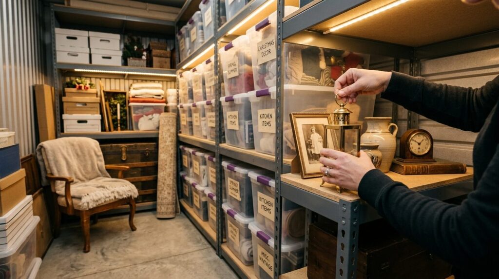 Close-up of hands carefully placing decorative items and vin