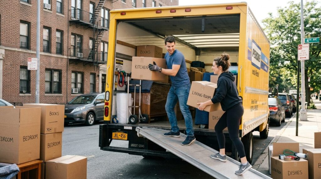 A young couple in casual clothing loading neatly packed boxe
