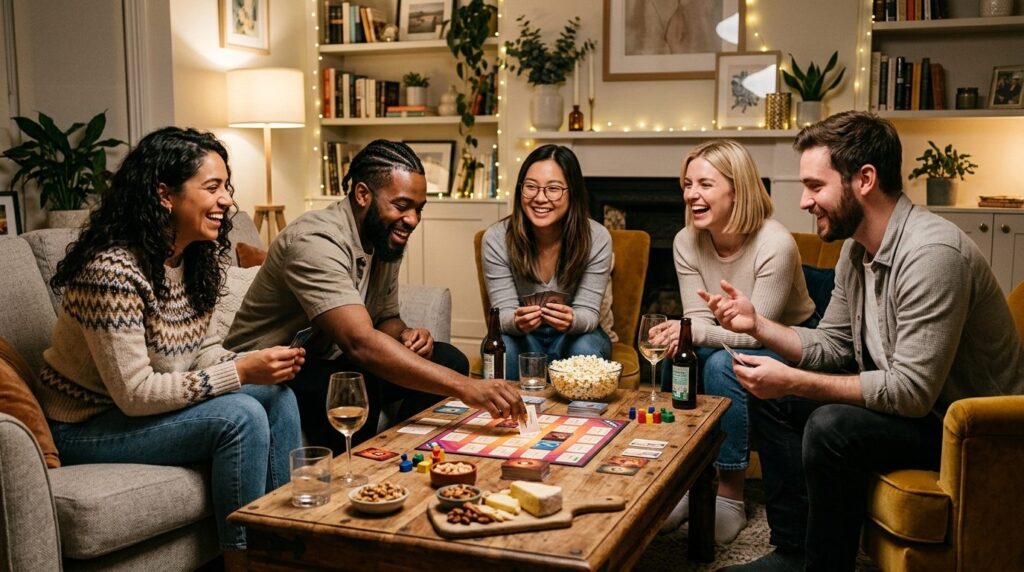 Close-up lifestyle photograph of a group of friends playing 