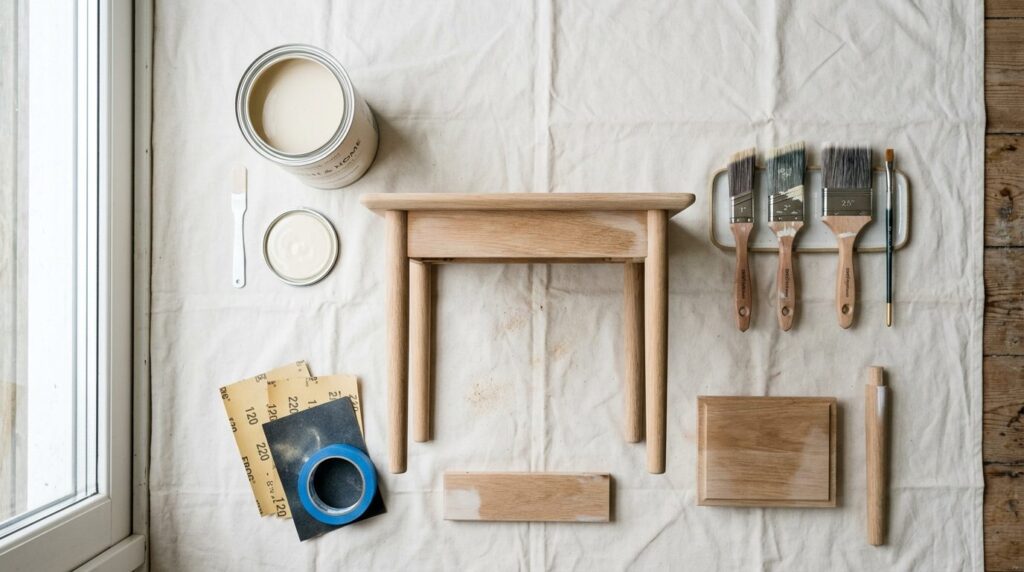Overhead flat-lay photography of DIY furniture painting work