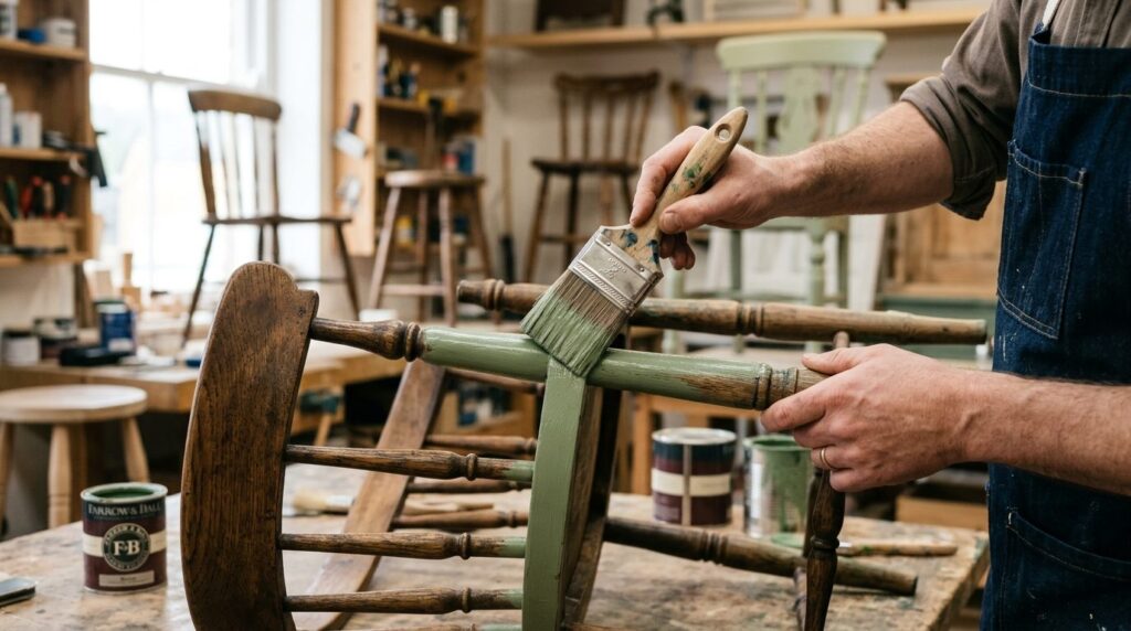 Close-up detail shot of hands applying fresh paint to a wood