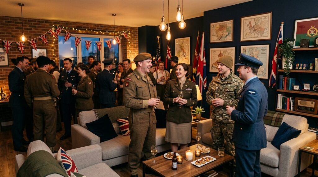 Atmospheric home interior photograph of a festive military-t