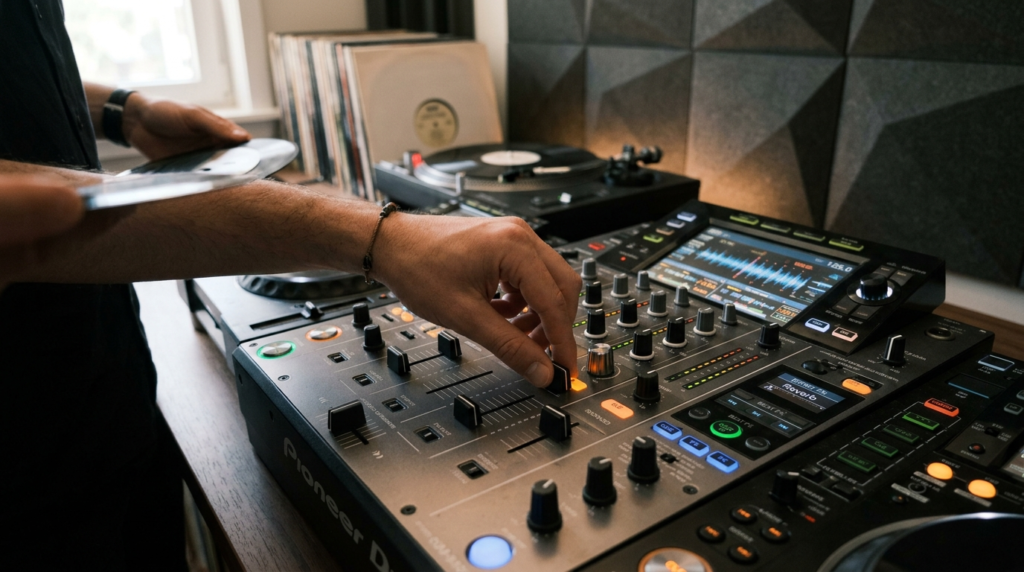 Close-up detail shot of hands operating a Pioneer DJ mixer i