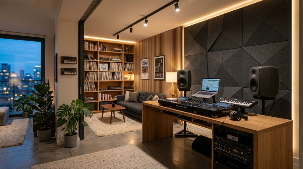Wide interior shot of a contemporary home studio music room 