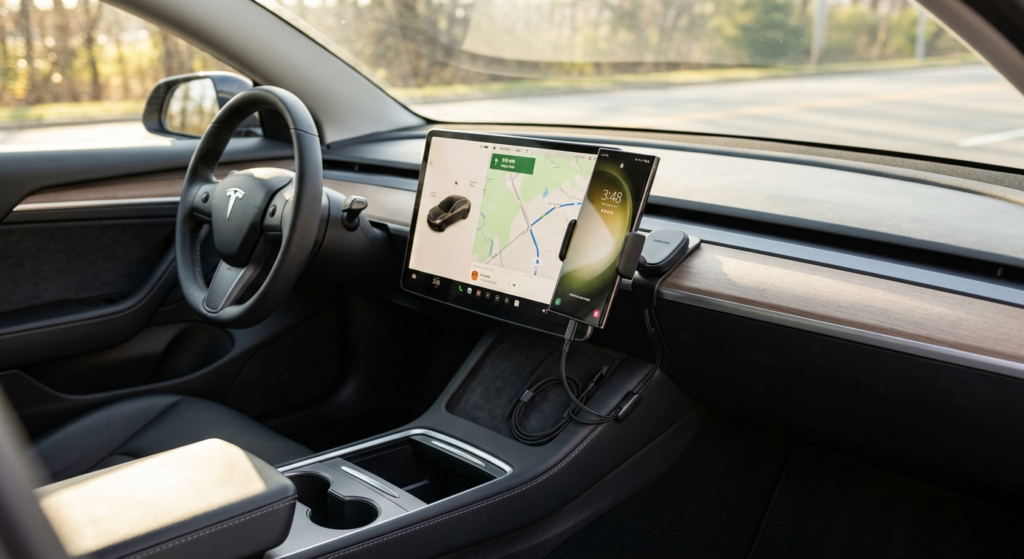 Close-up of a contemporary car dashboard interior featuring