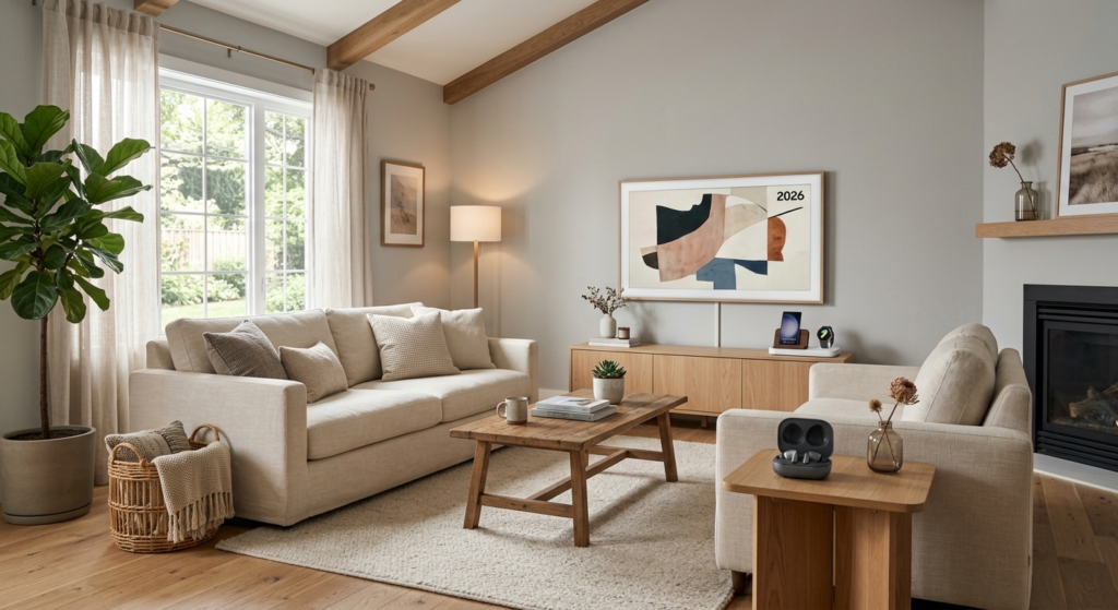 Scandinavian style living room in 2026 with Samsung accessor