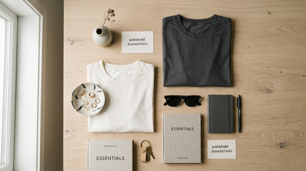 Modern lifestyle flat lay composition of essential wardrobe 