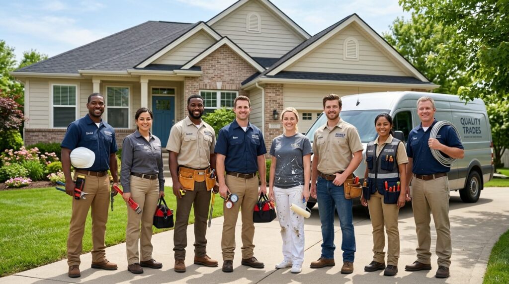 Realistic image of a diverse group of skilled tradespeople a