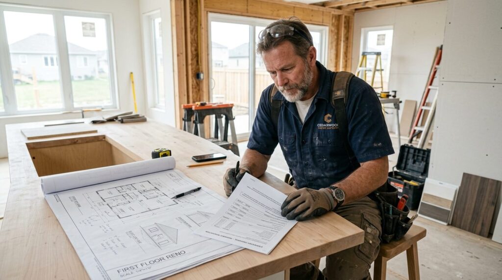 Skilled tradesman in work clothes reviewing architectural pl