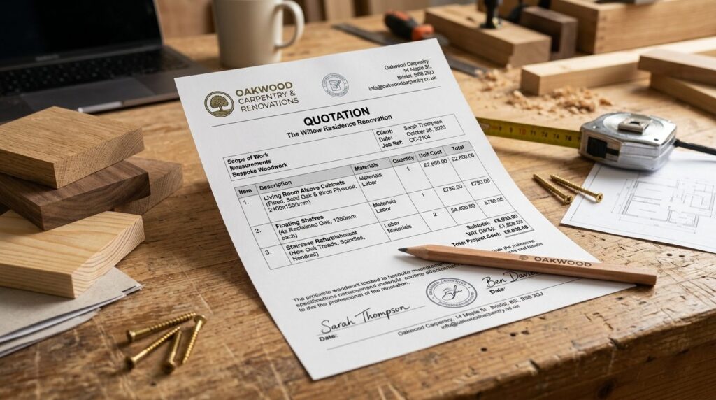 Close-up of a professional carpentry quotation document with
