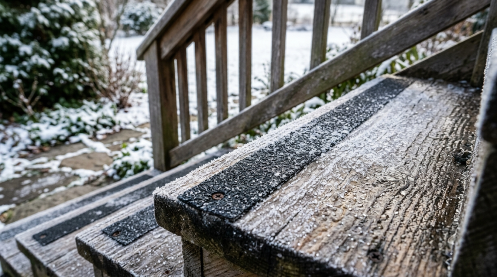 Close-up detail shot of a wooden outdoor staircase with anti