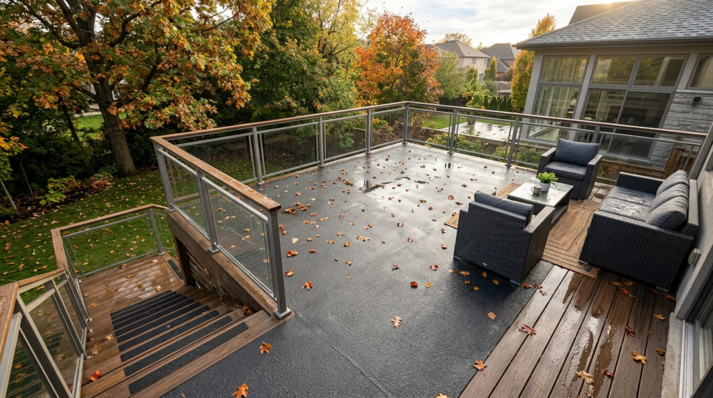 Wide overhead view of a contemporary deck terrace showing va