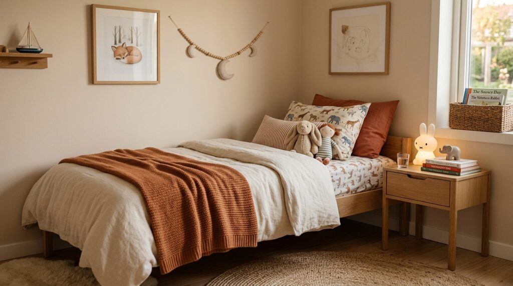 Close-up of a childs bedroom corner with soft ambient light