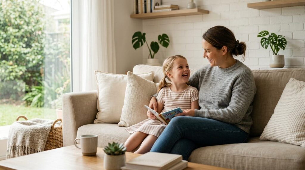 Parent and child sitting together in a bright, sunlit home e