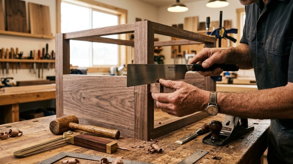 Close-up of skilled craftsmans hands assembling a custom wo