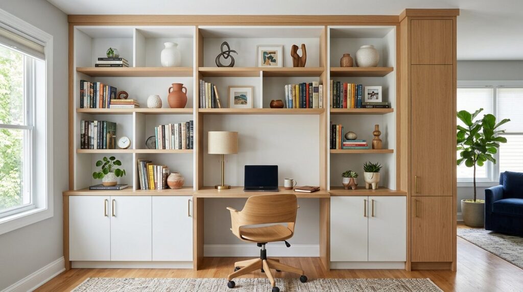 Finished custom built-in shelving unit in a contemporary hom