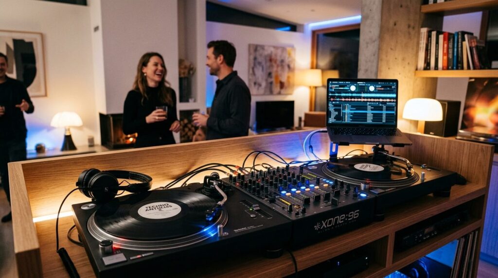 Close-up professional photograph of a DJ setup in a modern m