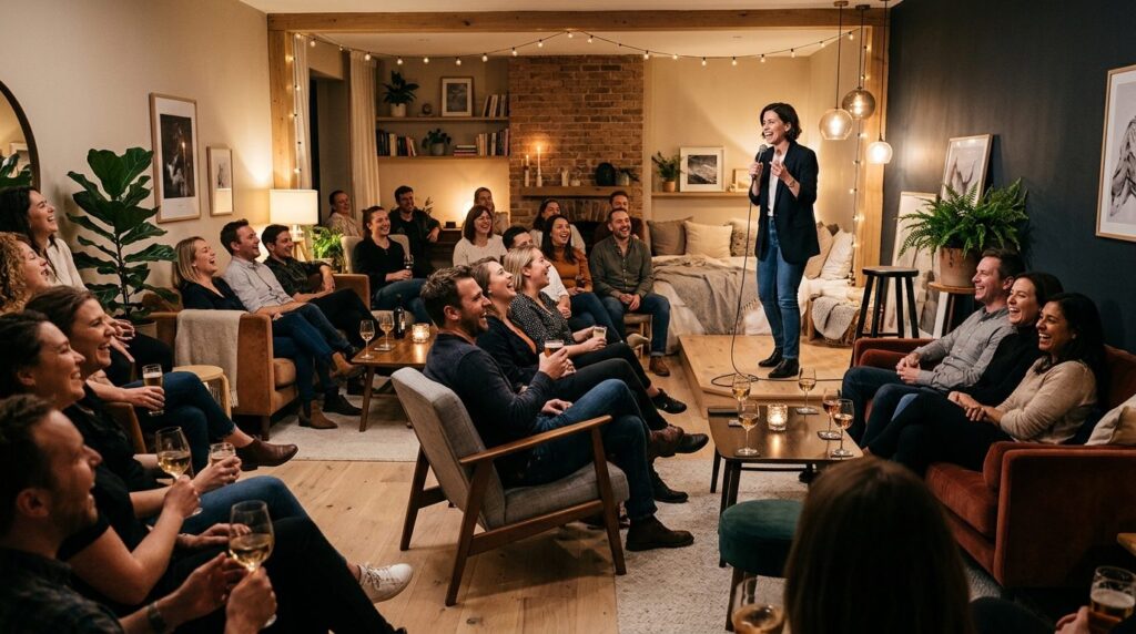 Professional photograph of an intimate comedy night in a sty