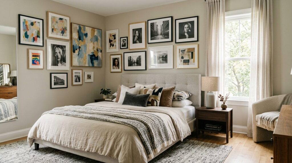 Stylish bedroom interior with personalized wall art arrangem
