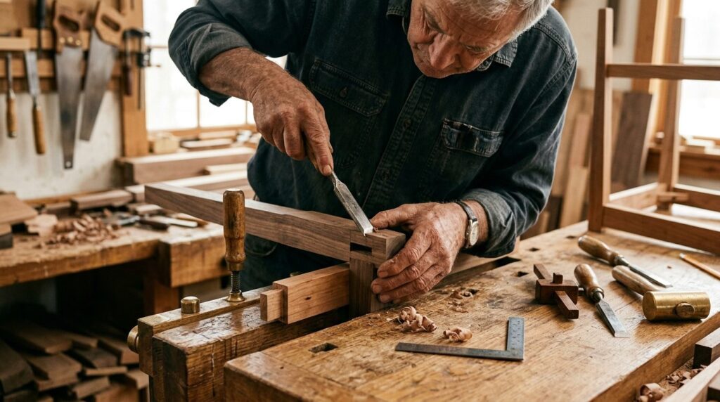 Close-up detail of master carpenters hands working on preci