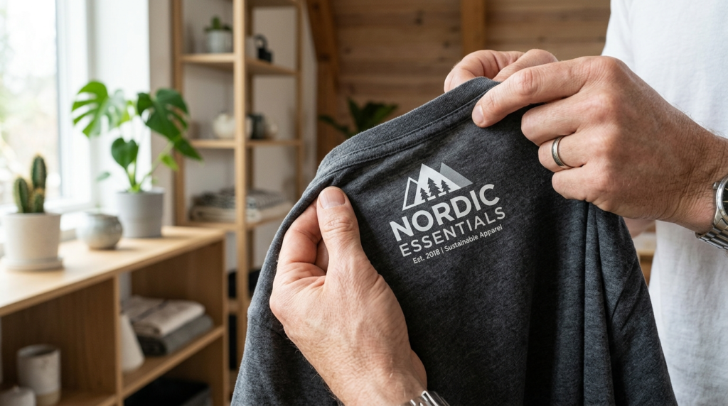 Close-up detail shot of high-quality branded t-shirt fabric