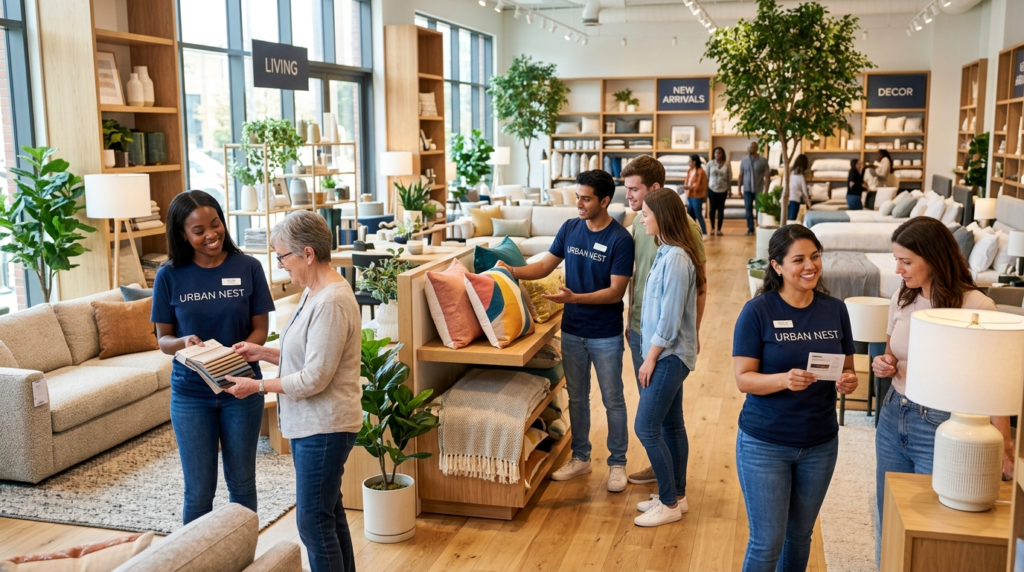 Diverse group of home furnishing retail staff in coordinated
